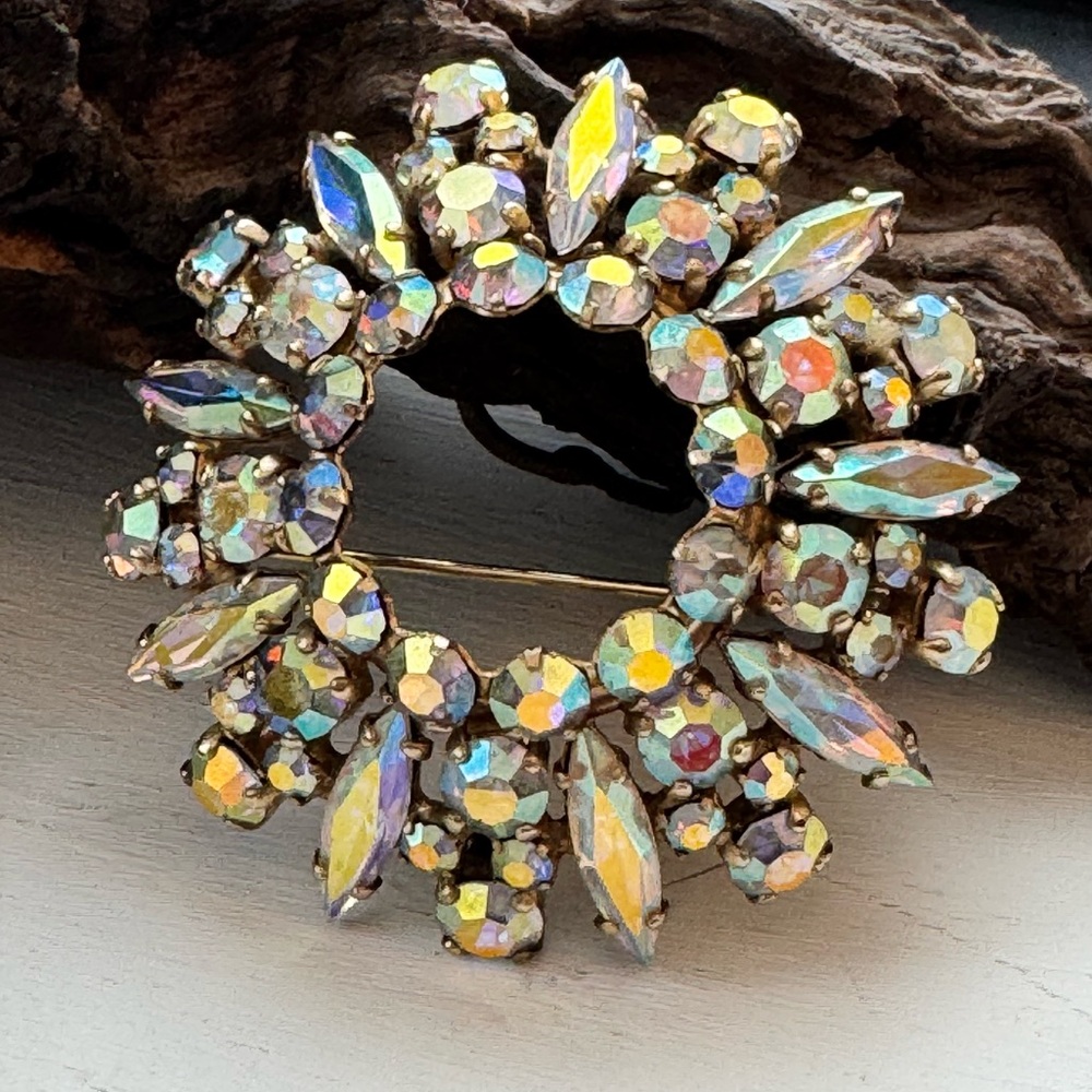 1950's Signed Sherman Aurora Borealis Austrian Crystal Domed Brooch.